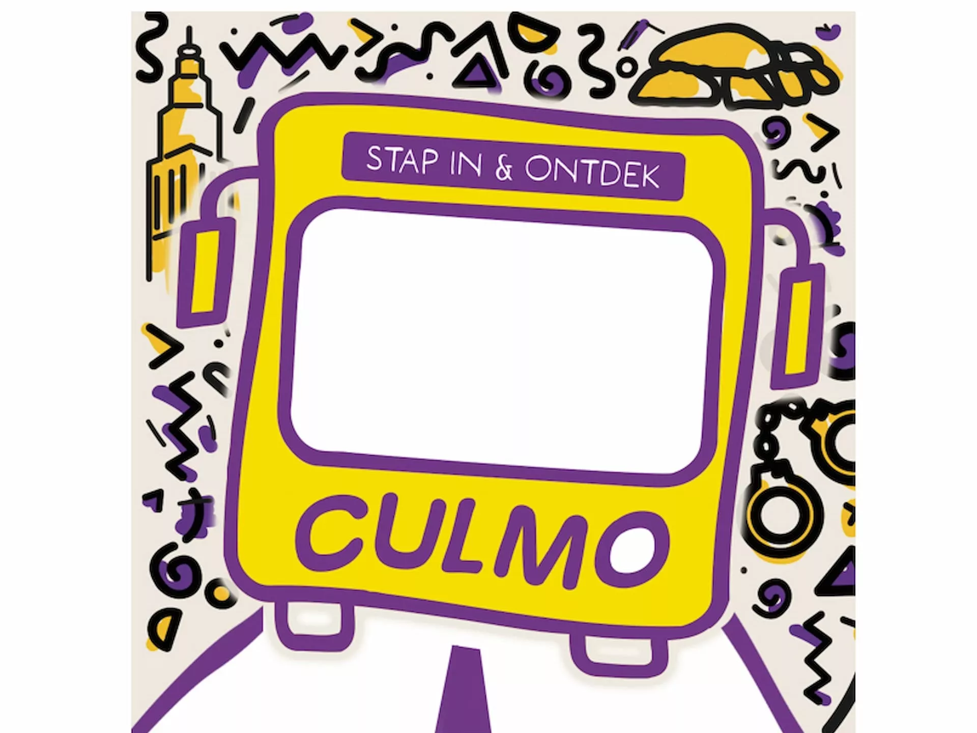 Culturele mobiliteit - gele bus met tekst Stap in en ontdek