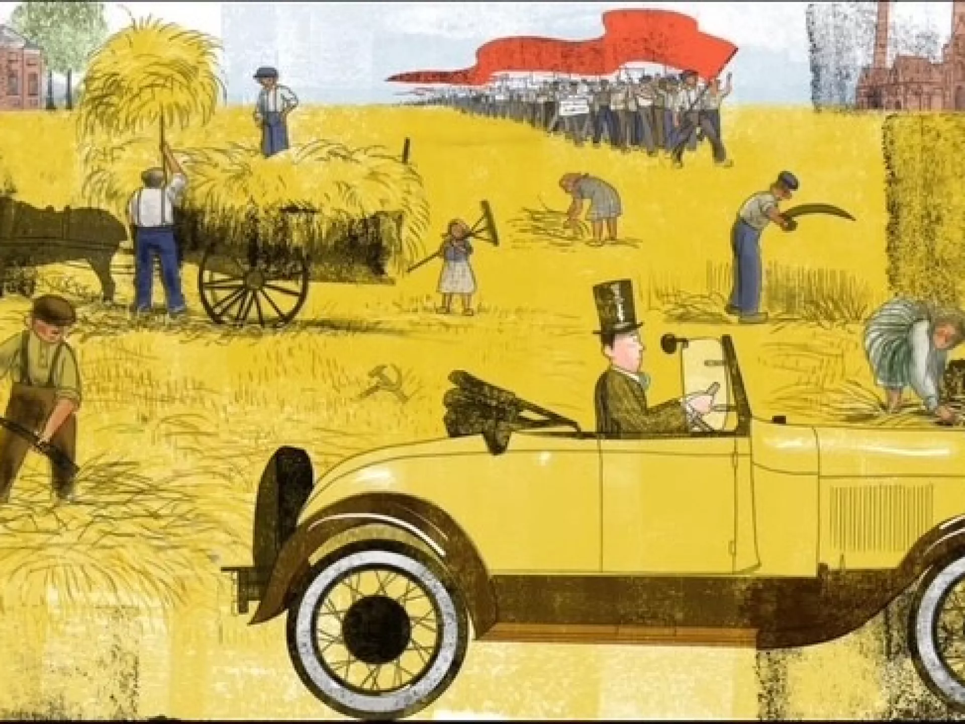 Eén van de illustraties van de canon. Je ziet mensen werken op het land en daarvoor rijdt een gele auto met daarin een man met een hoge hoed.