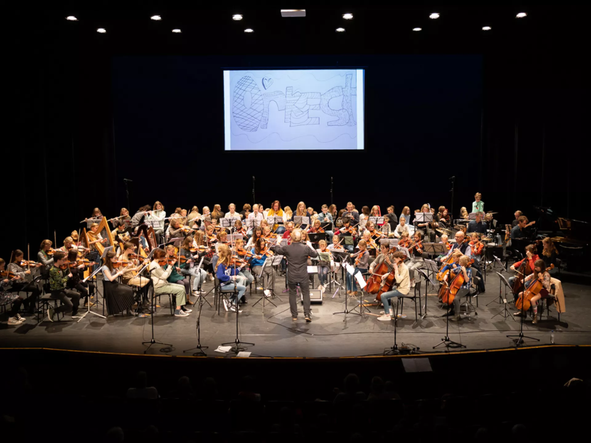 Orkest voert een muzikaal optreden uit op een verlicht podium.