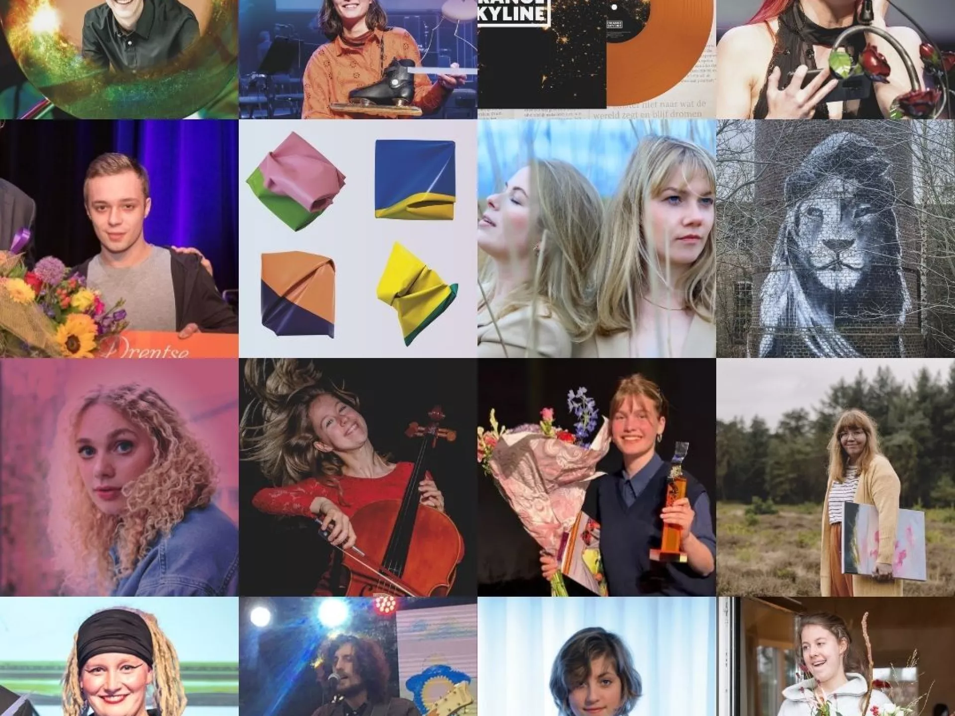 Collage van verschillende mensen met bloemen, muziekinstrumenten en kunstwerken.