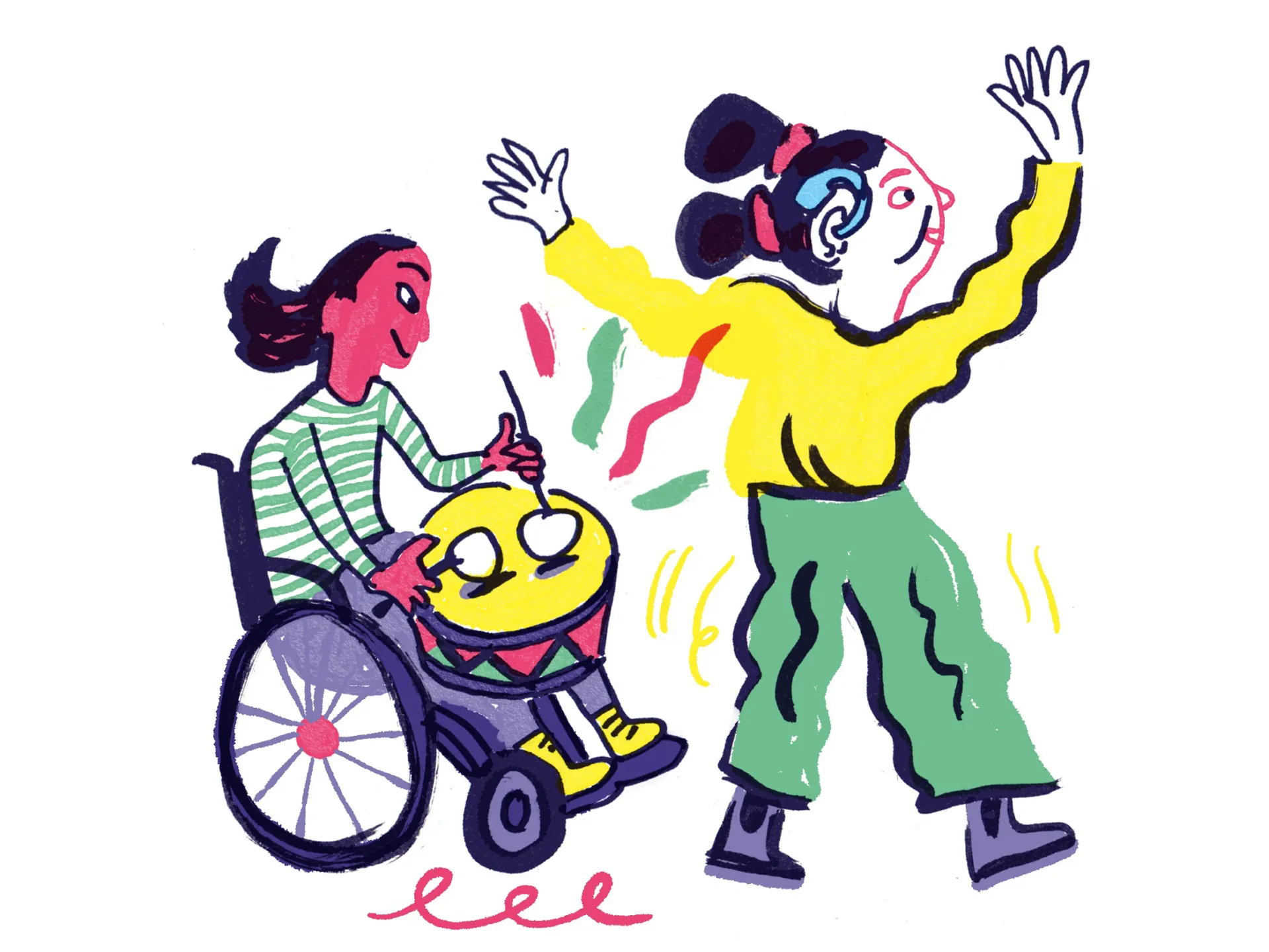 Twee mensen dansen en genieten van muziek; één zit in een rolstoel.