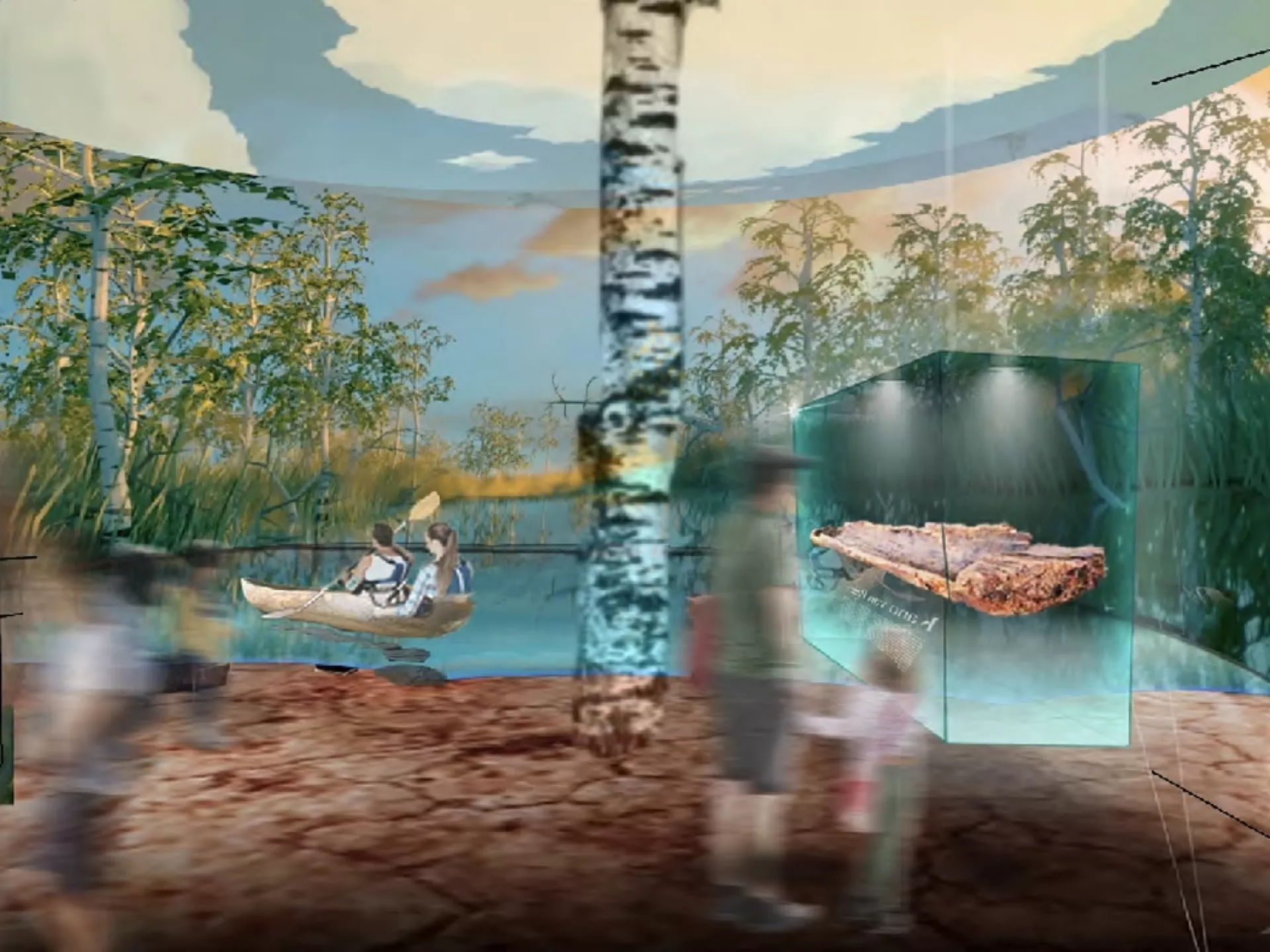 Een museumweergave van een natuurlijke omgeving met kano en mensen.