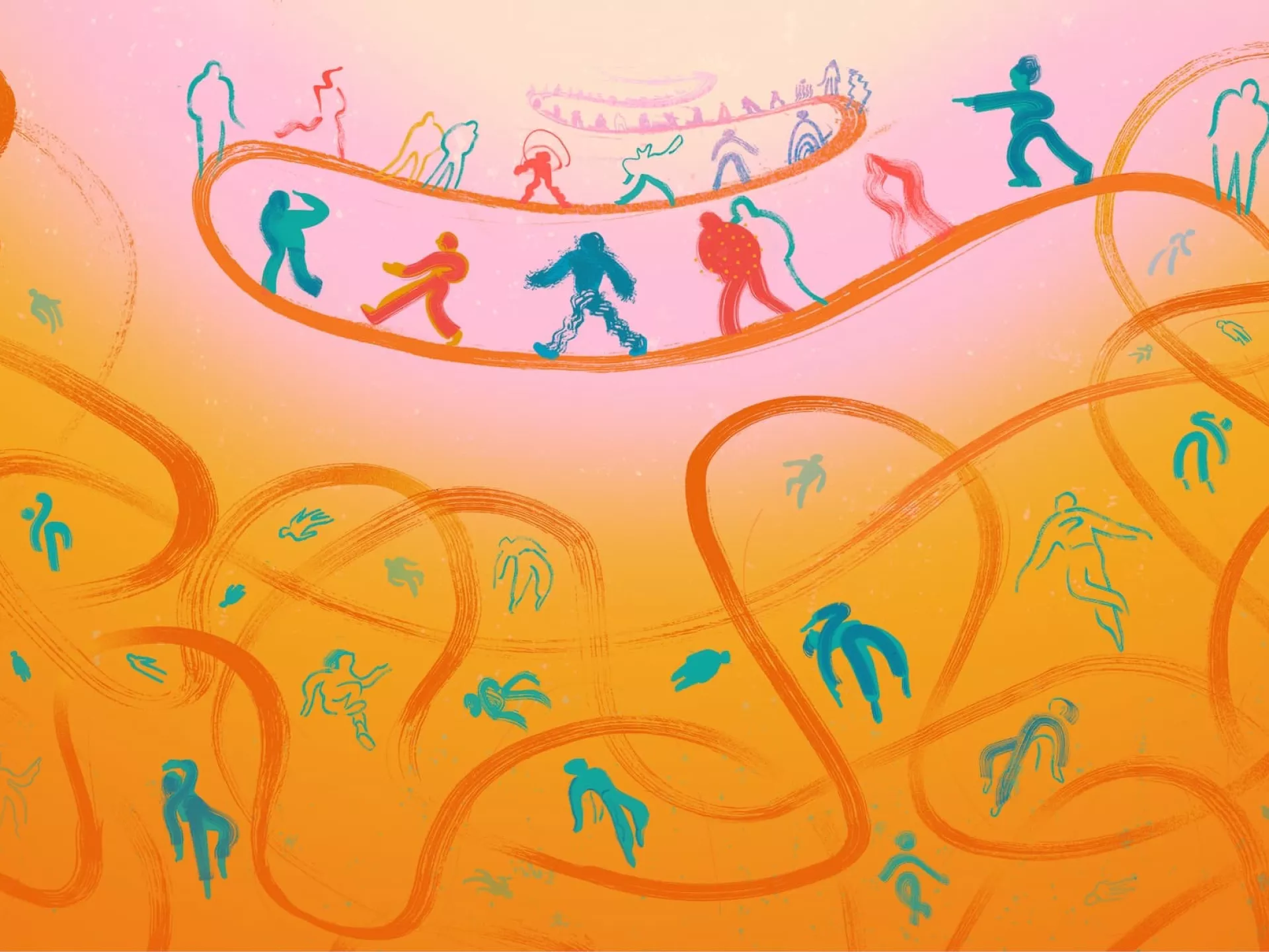 Abstracte mensfiguren in levendige kleuren op een dynamische achtergrond.