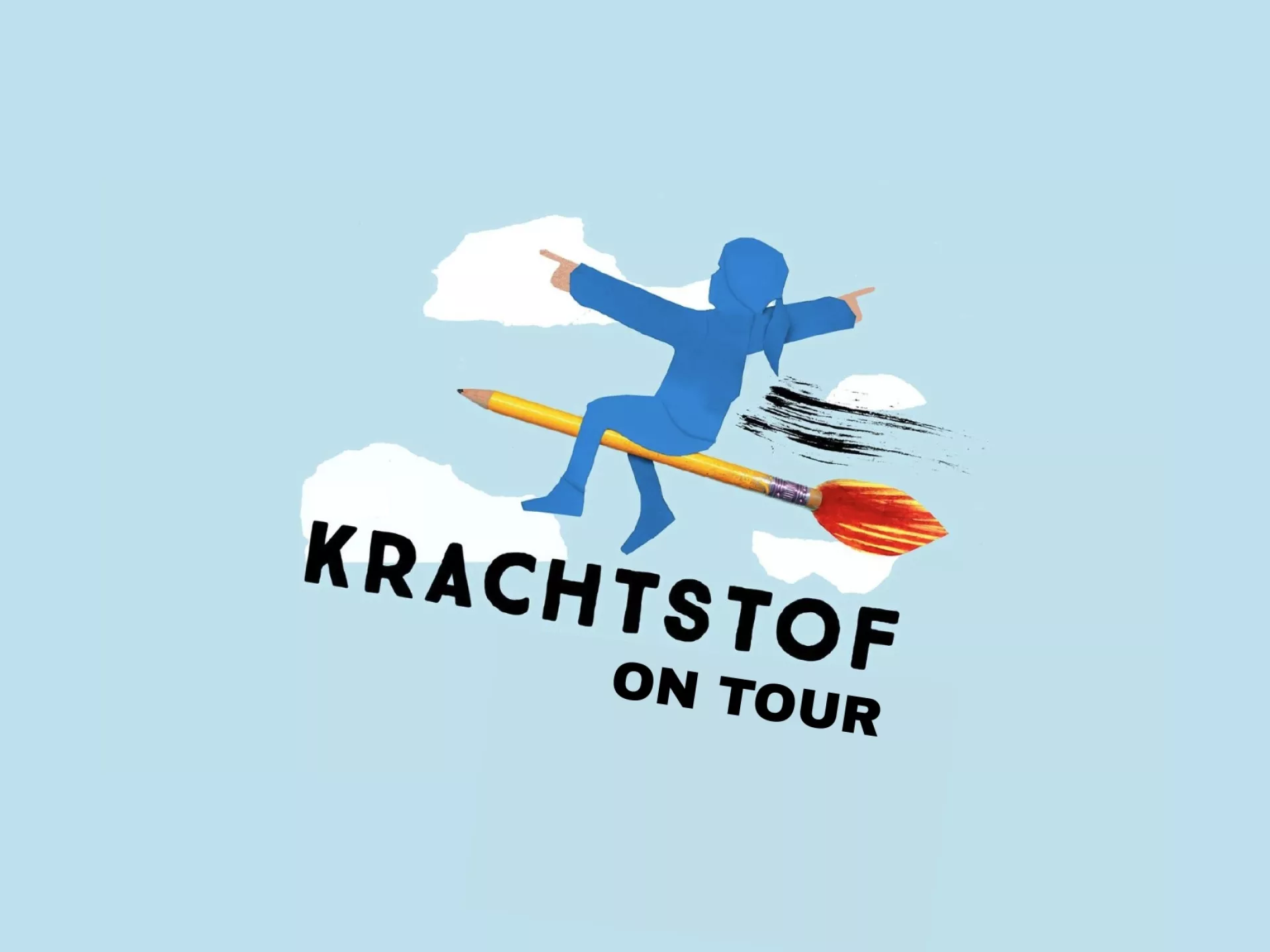 Illustratie van een persoon die op een raket rijdt met de tekst "Krachtstof On Tour".