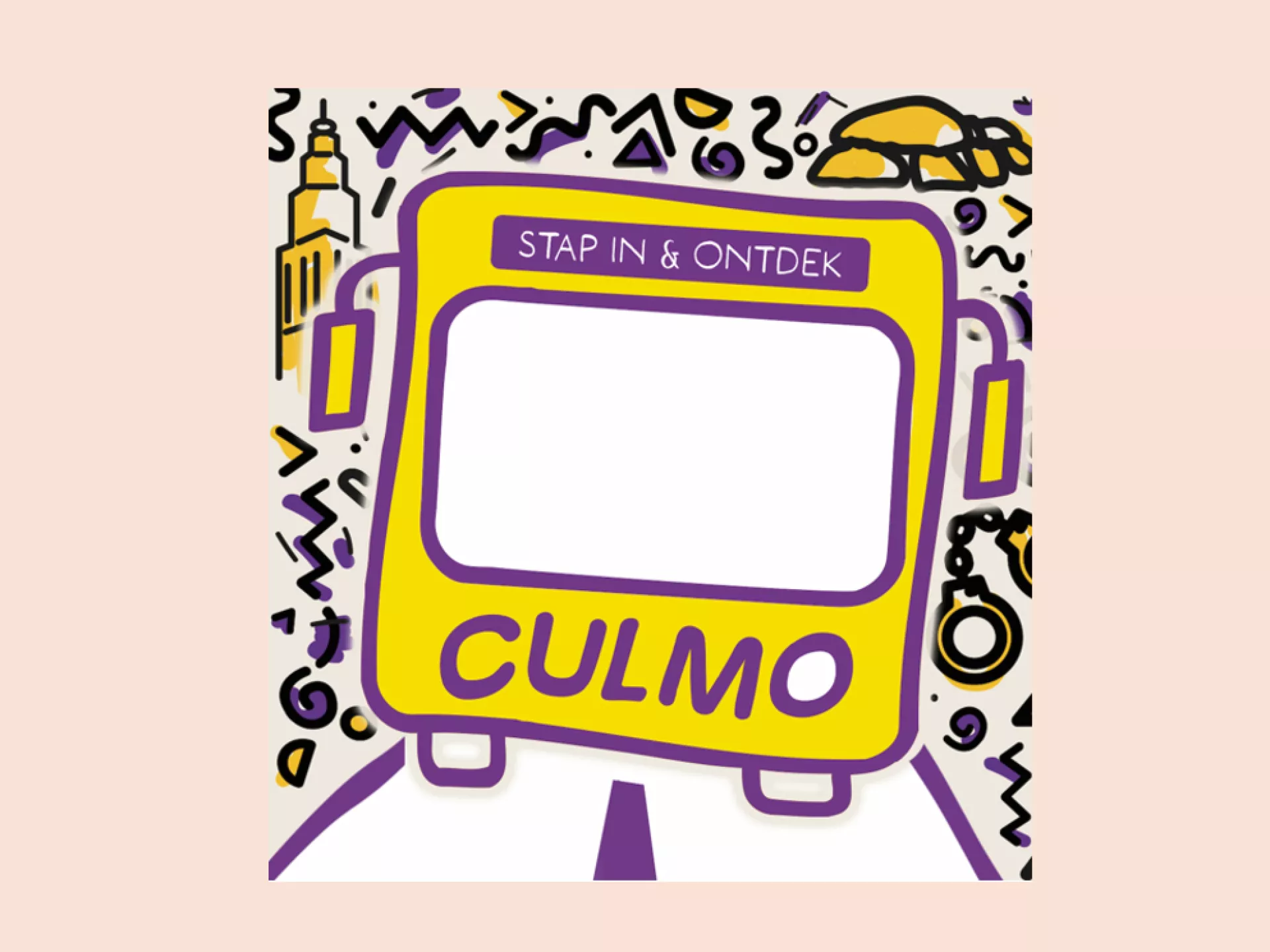 Culturele mobiliteit - gele bus met tekst Stap in en ontdek