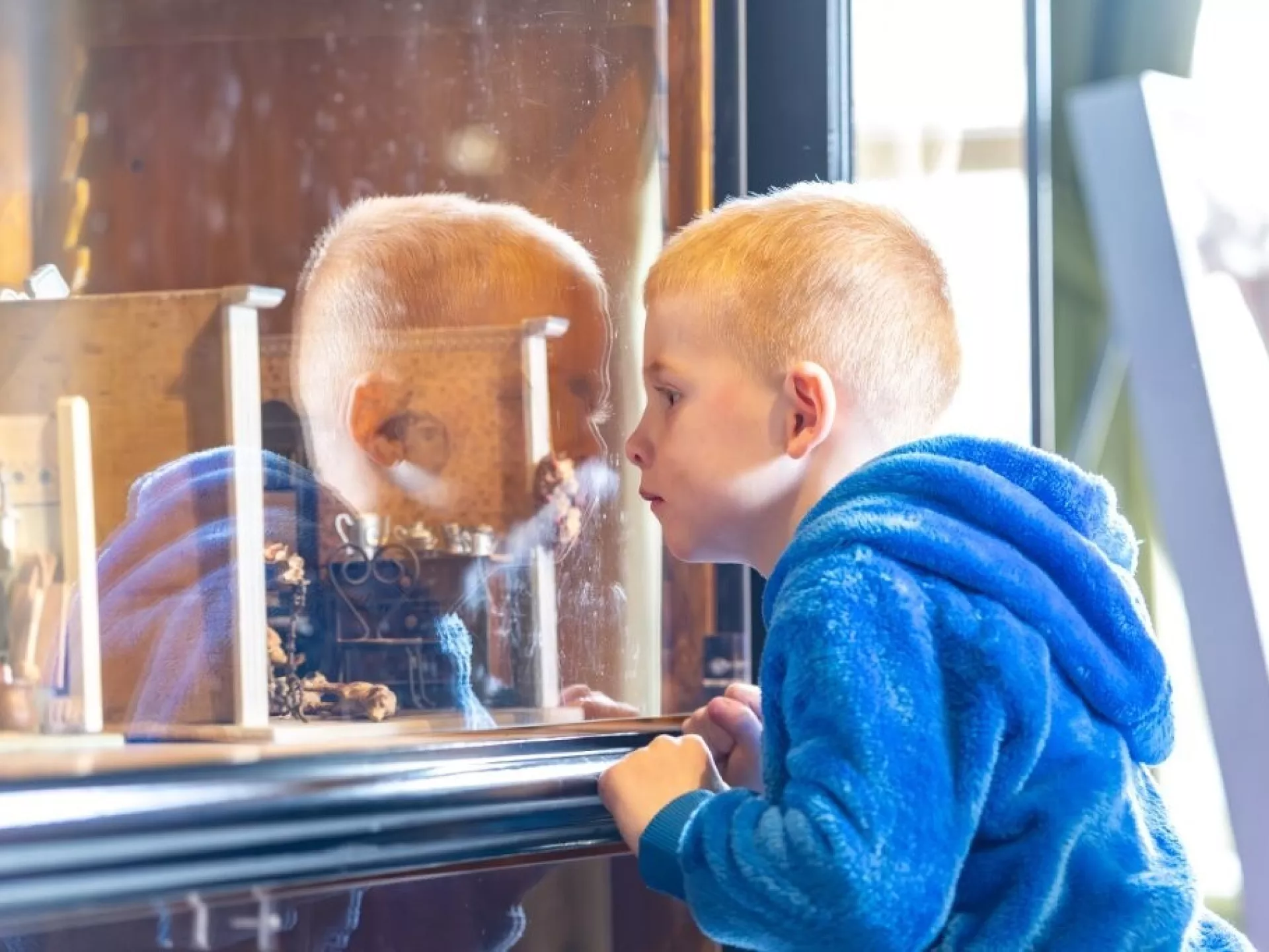 Een kind in een blauwe trui kijkt nieuwsgierig door een glazen vitrine.