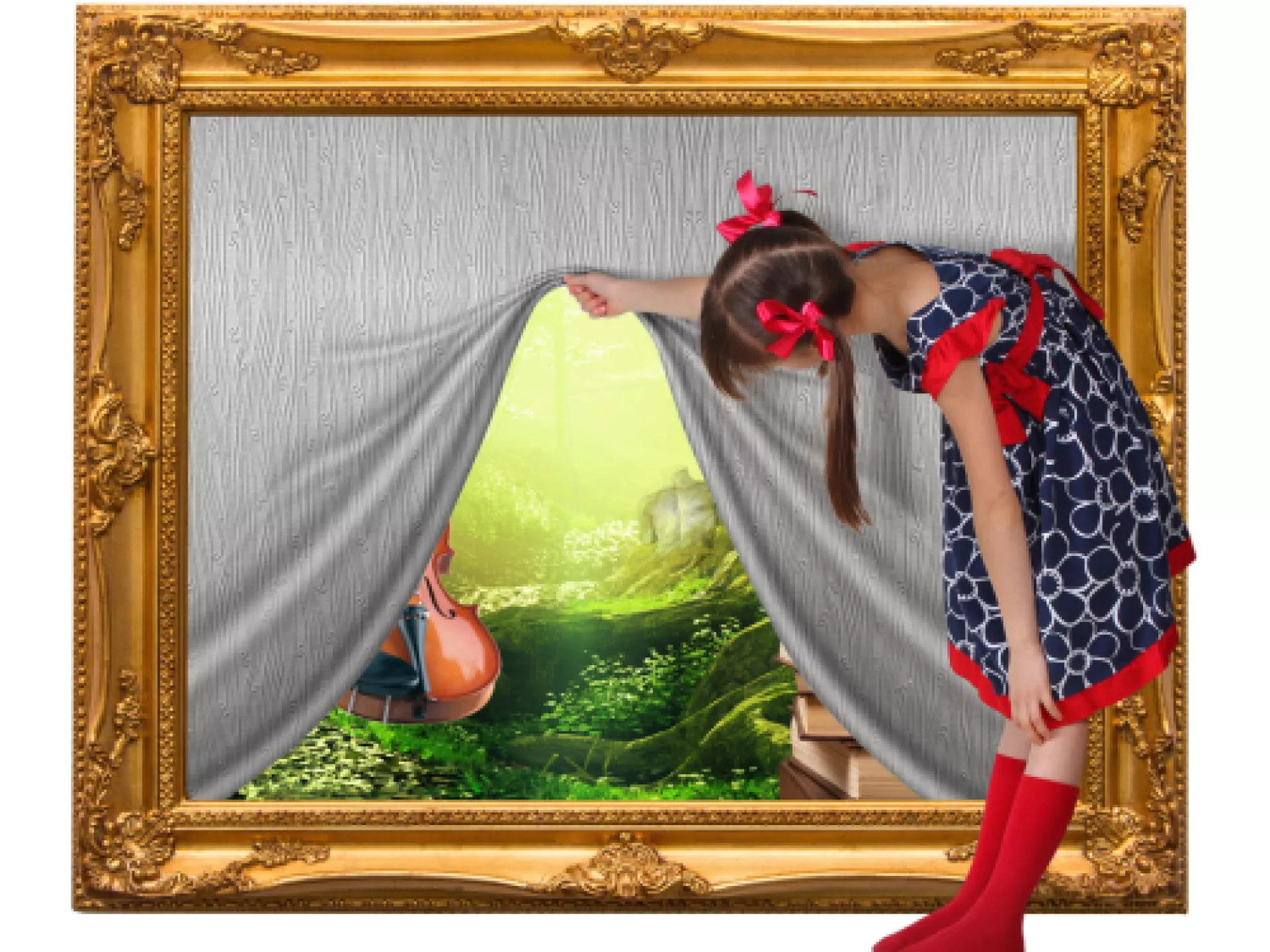 Meisje tilt een gordijn op in een schilderij, onthullend een magische wereld.