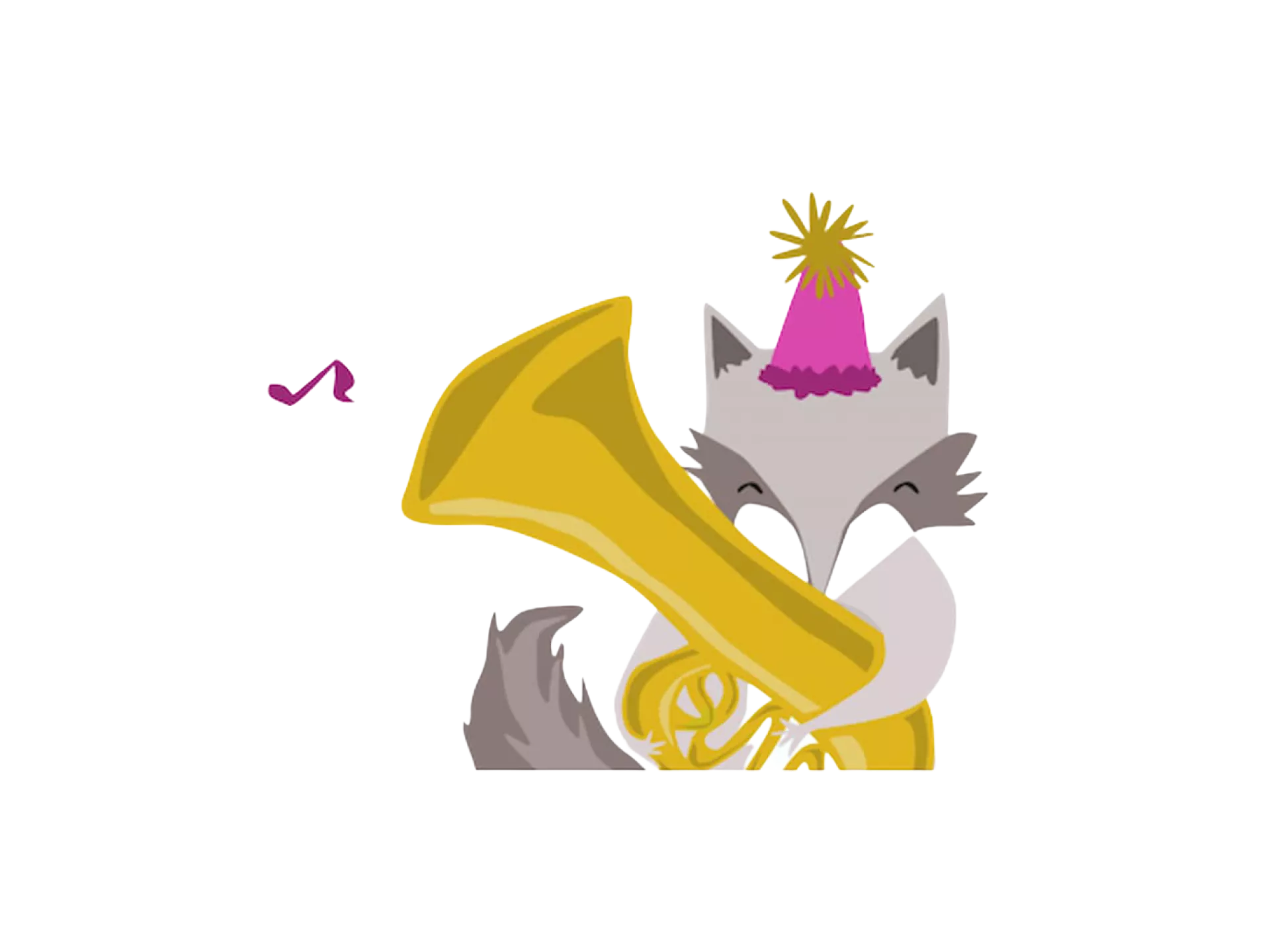 Een wolf met een feesthoedje bespeelt een gele hoorn.