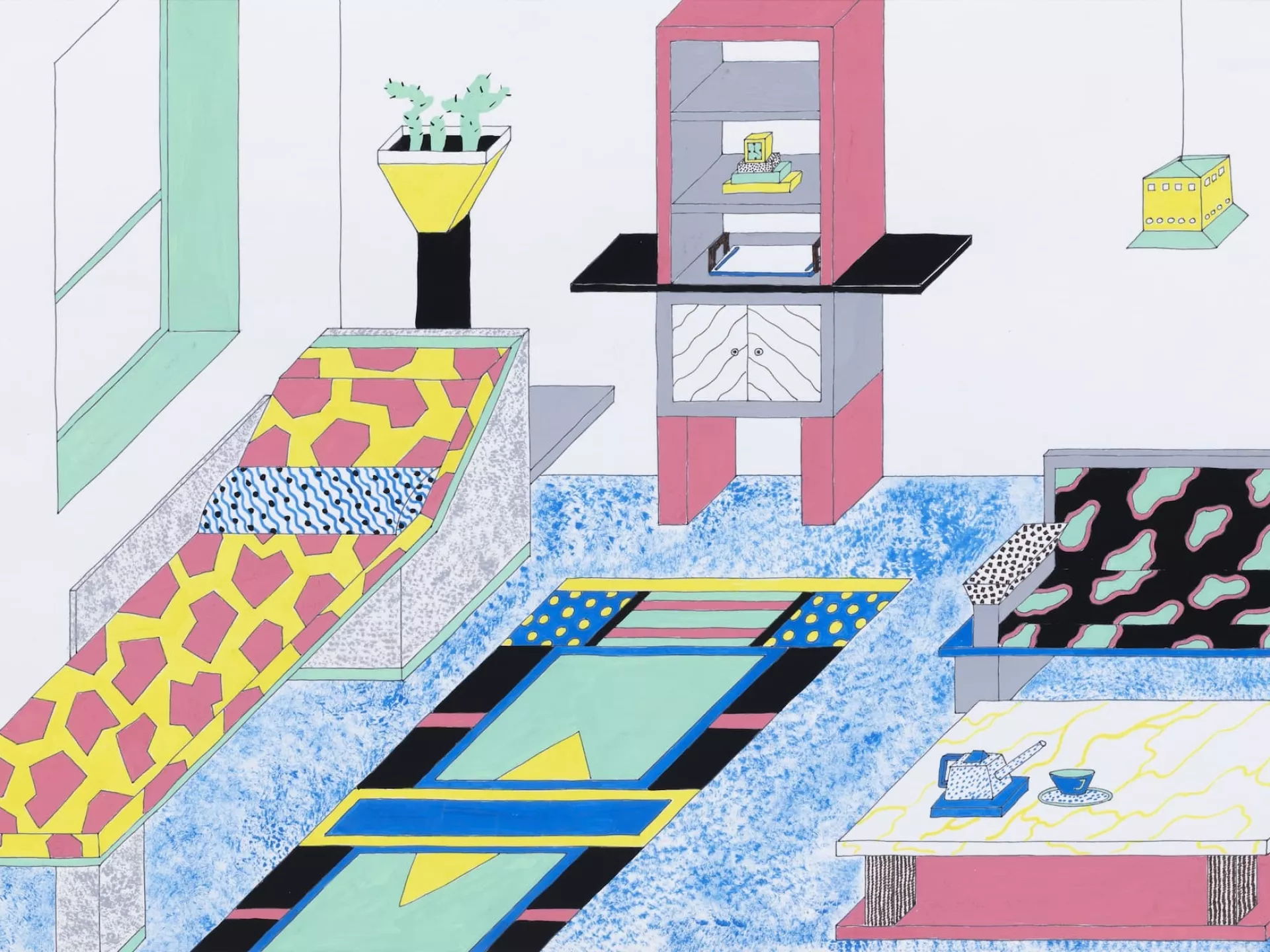 Stijlvolle retro woonkamer met felle kleuren en geometrische ontwerpen.