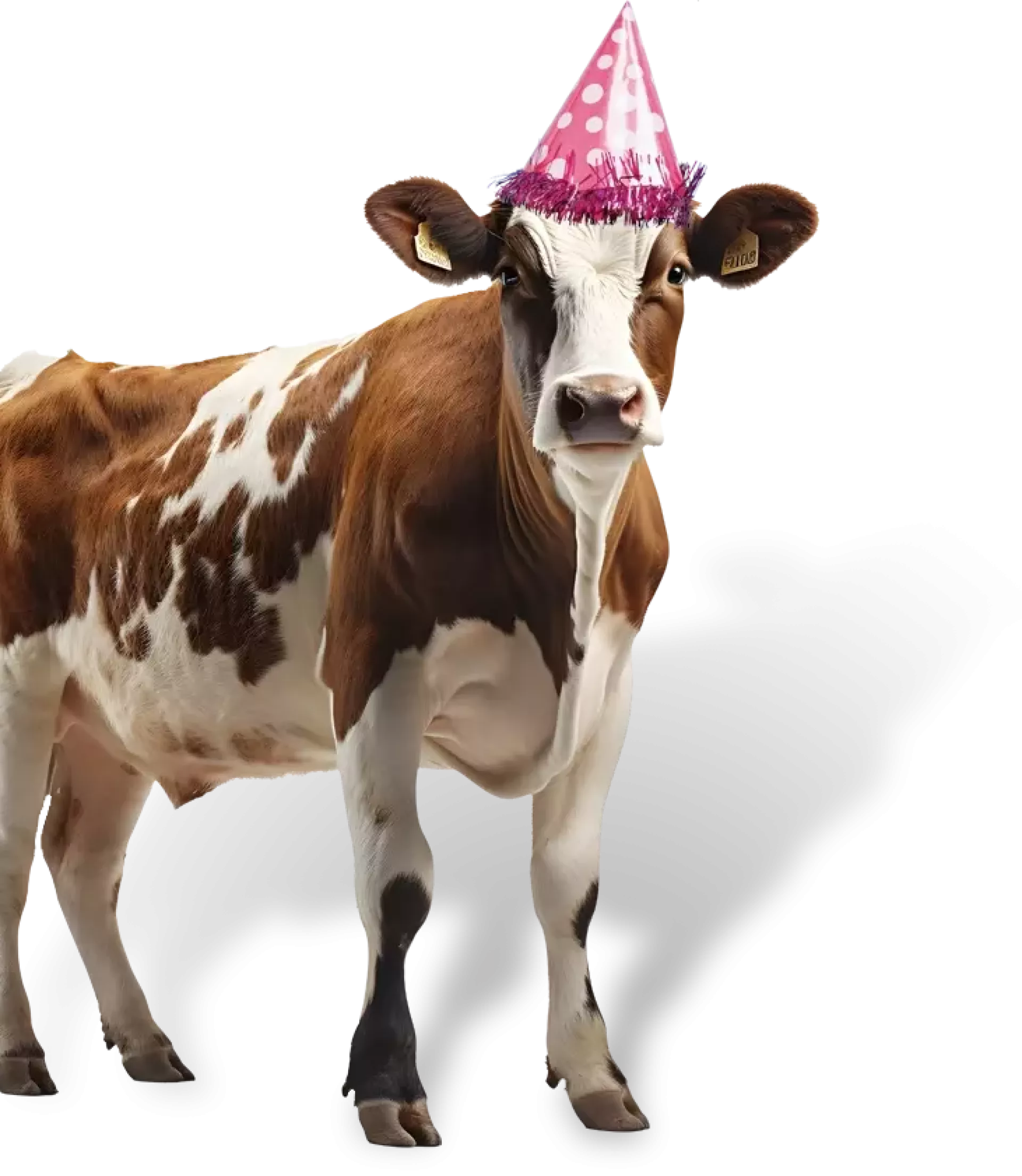 Een koe met een feesthoedje op.