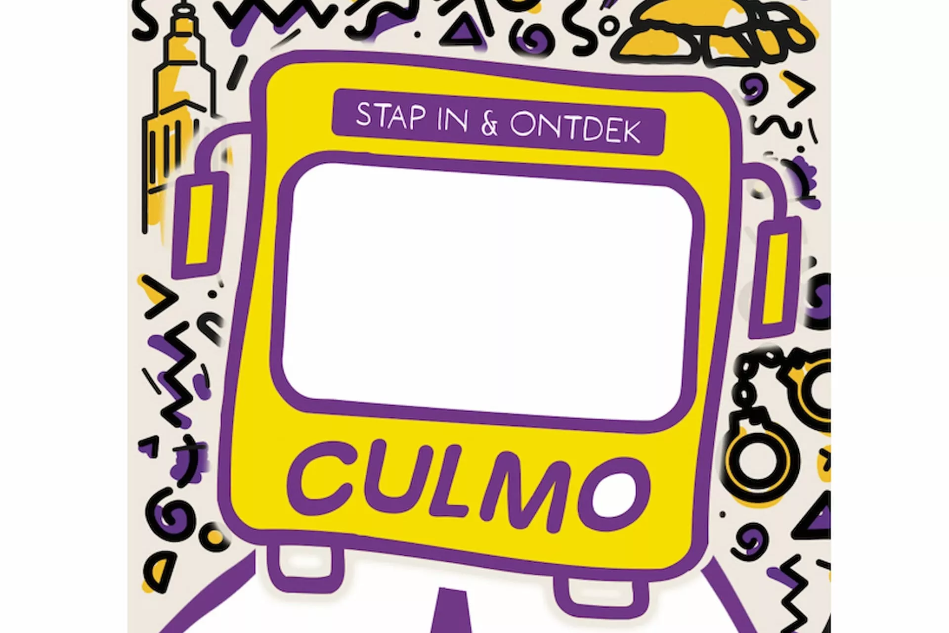 Culturele mobiliteit - gele bus met tekst Stap in en ontdek