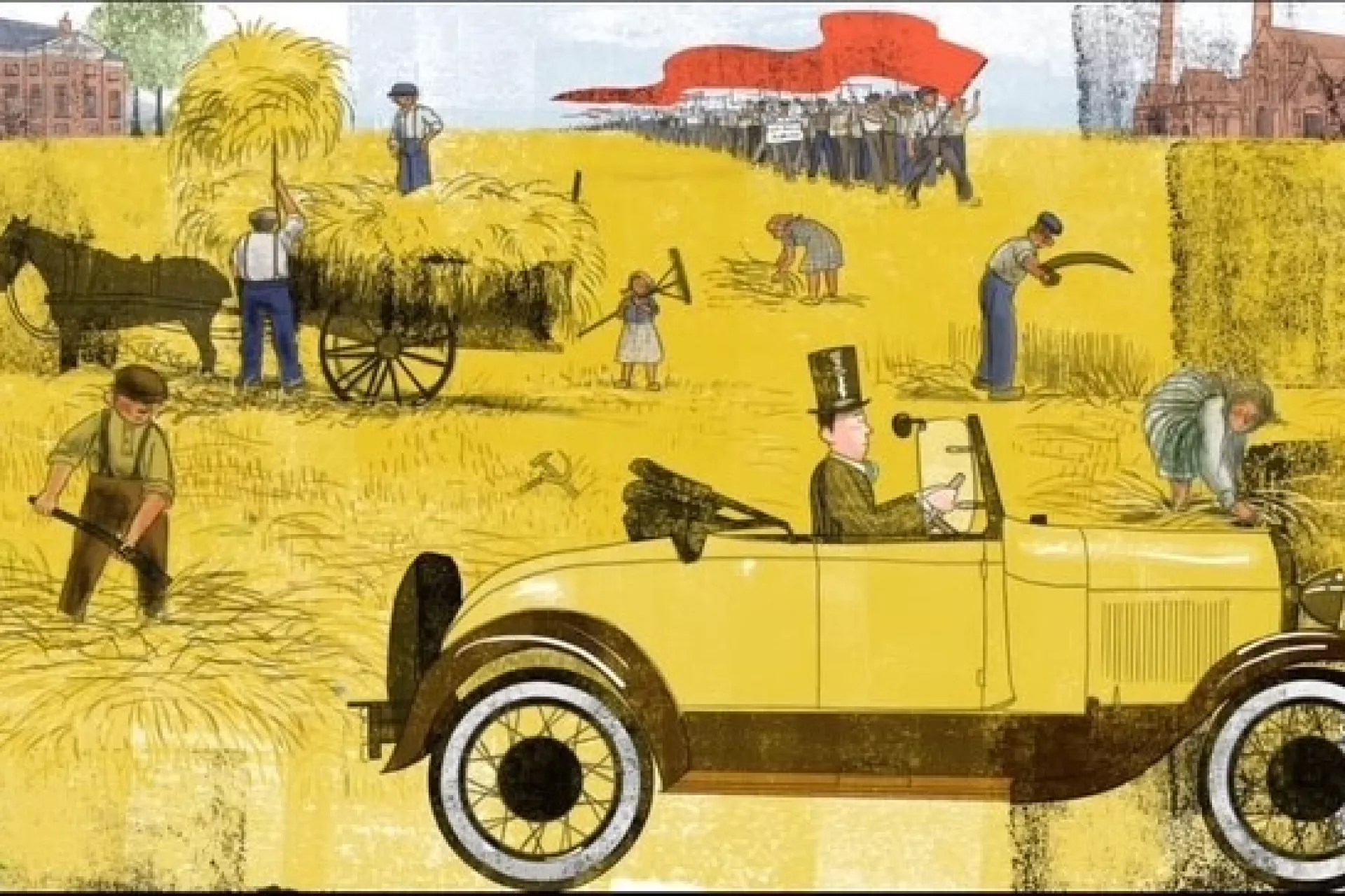 Eén van de illustraties van de canon. Je ziet mensen werken op het land en daarvoor rijdt een gele auto met daarin een man met een hoge hoed.