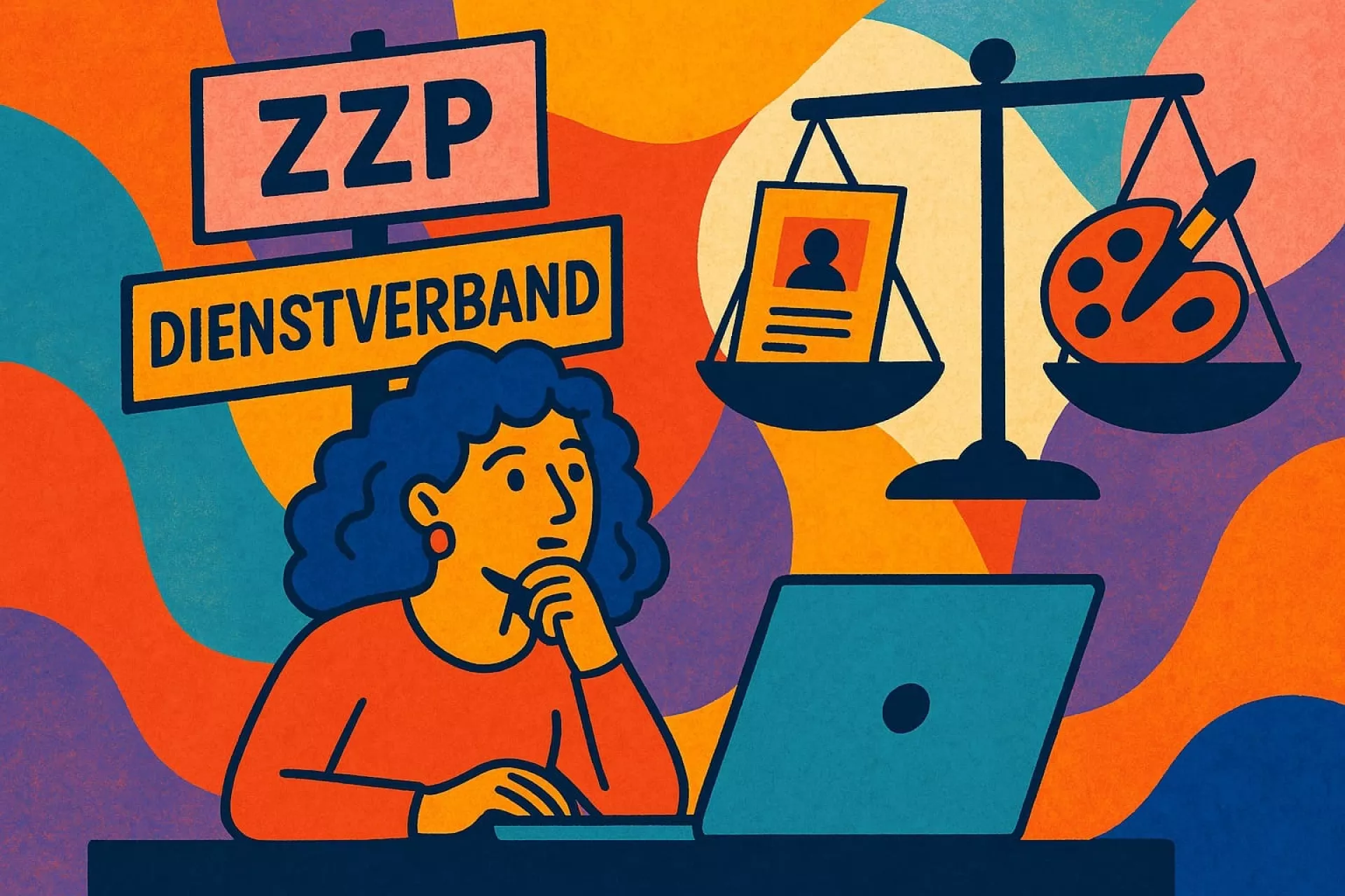 Onderwijs - Professionalisering - tekening zzp'er/vrouw achter laptop met wegschaal
