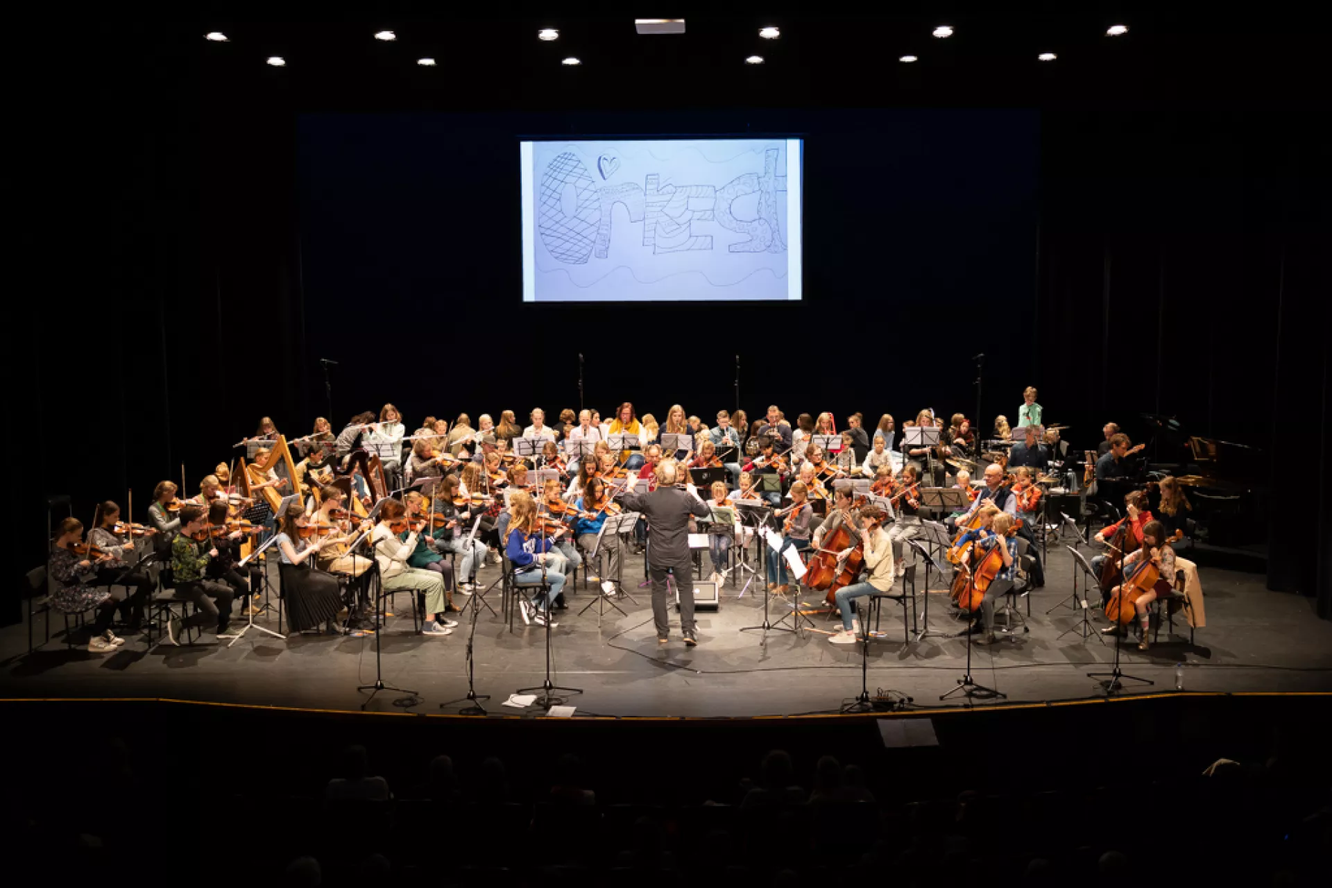 Orkest voert een muzikaal optreden uit op een verlicht podium.