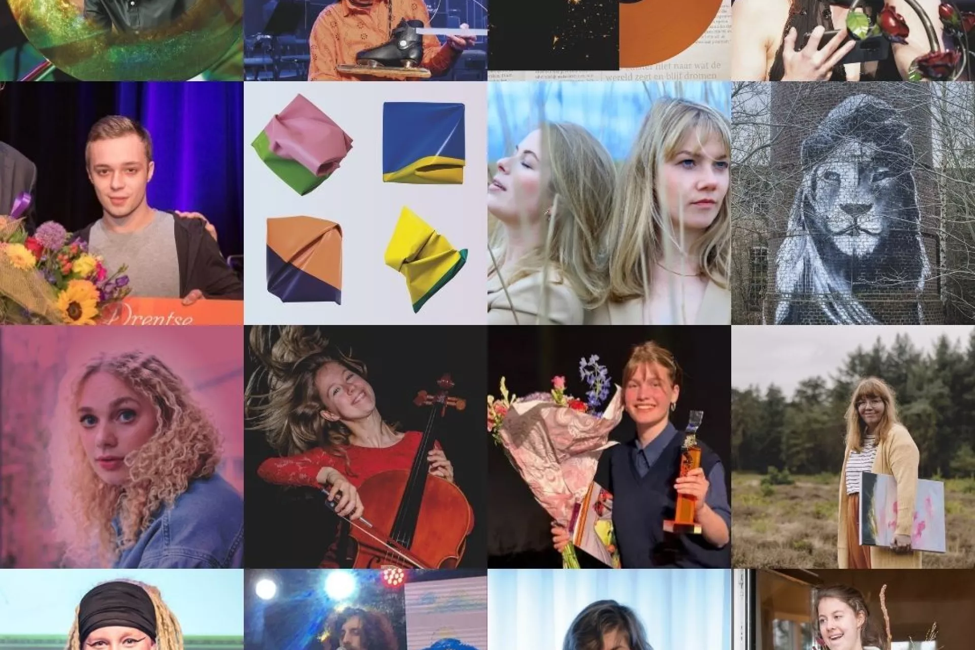 Collage van verschillende mensen met bloemen, muziekinstrumenten en kunstwerken.