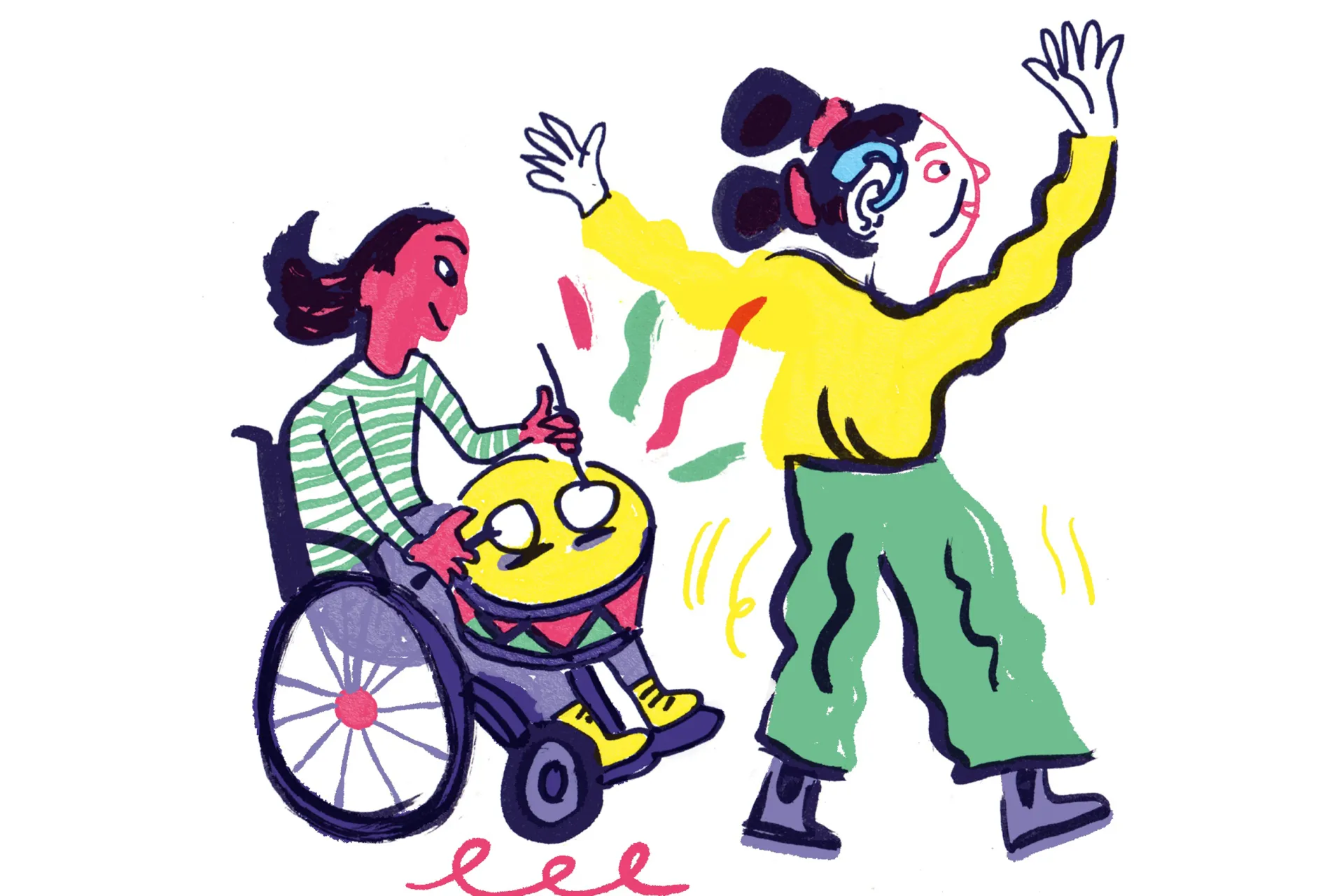 Twee mensen dansen en genieten van muziek; één zit in een rolstoel.