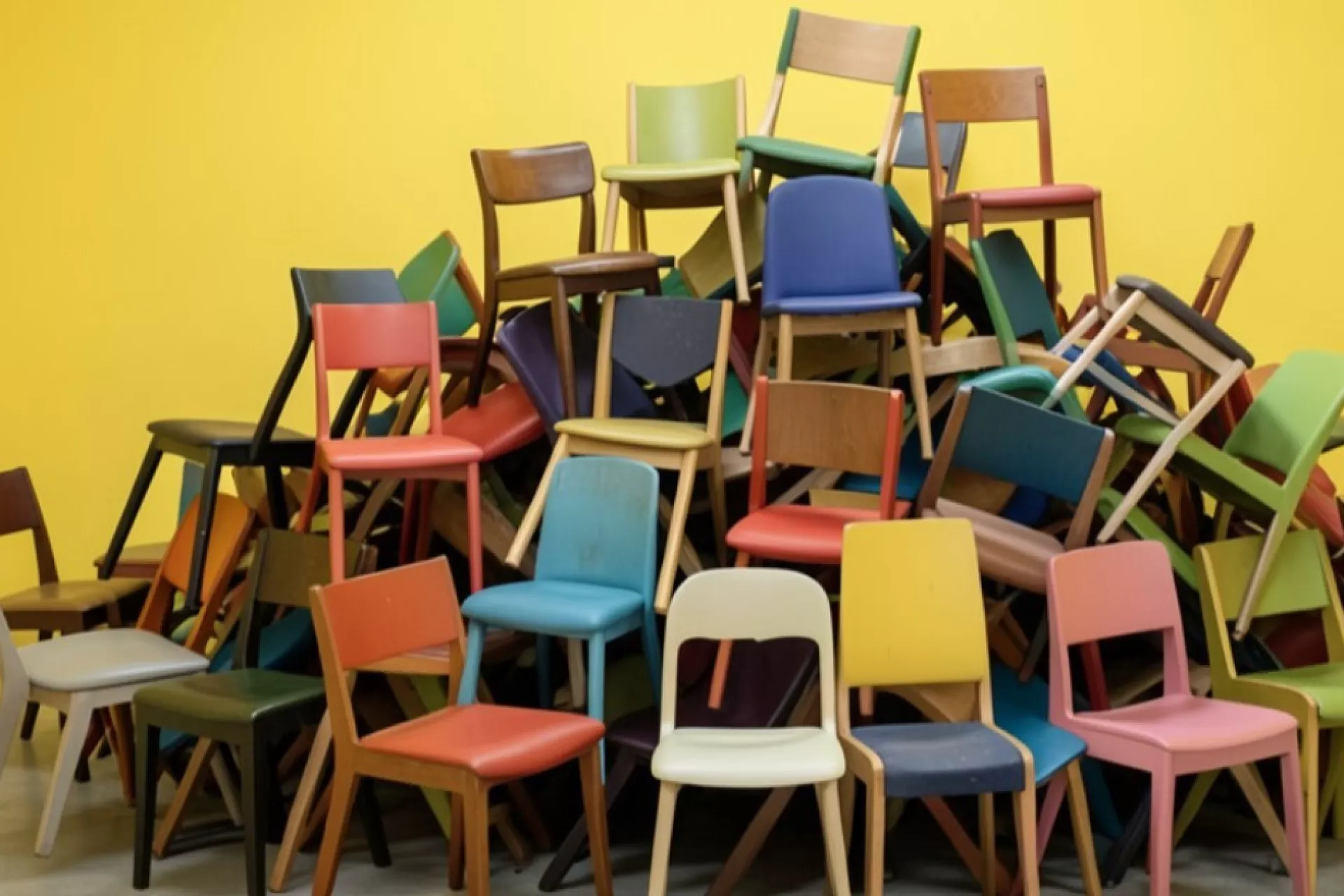 Een stapel kleurrijke stoelen tegen een gele muur.