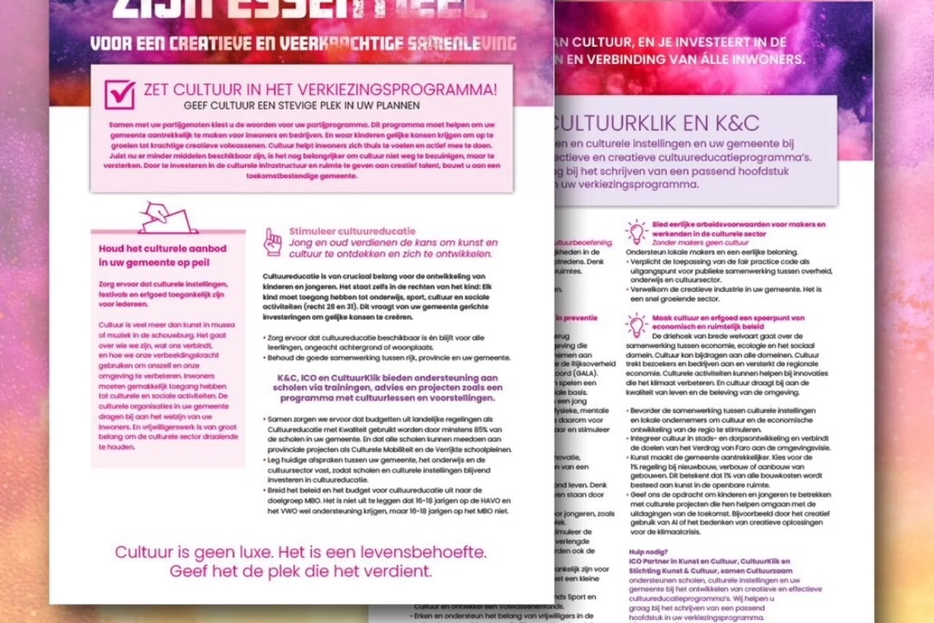 Twee pamfletten met argumenten waarom cultuur belangrijk is.