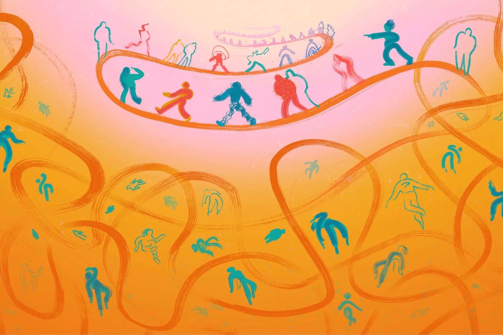 Abstracte mensfiguren in levendige kleuren op een dynamische achtergrond.