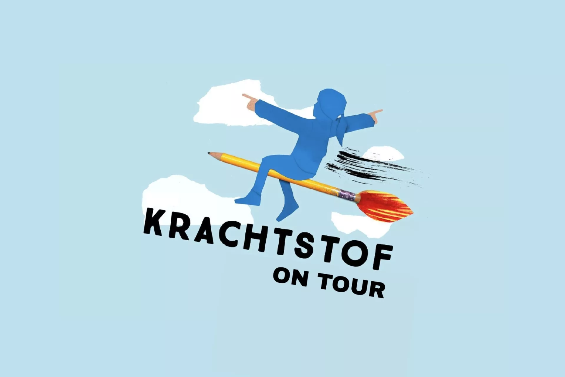 Illustratie van een persoon die op een raket rijdt met de tekst "Krachtstof On Tour".