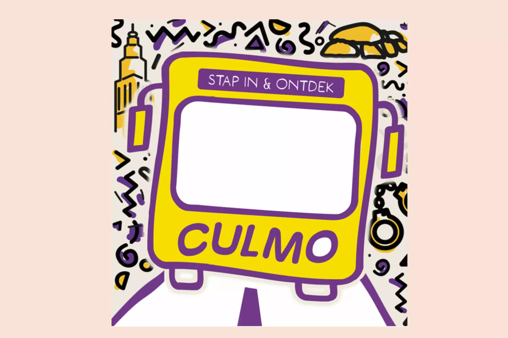 Culturele mobiliteit - gele bus met tekst Stap in en ontdek