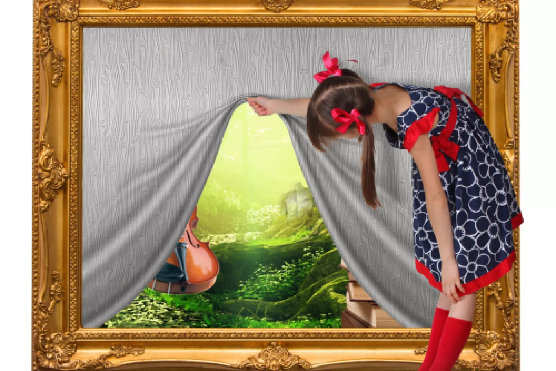 Meisje tilt een gordijn op in een schilderij, onthullend een magische wereld.