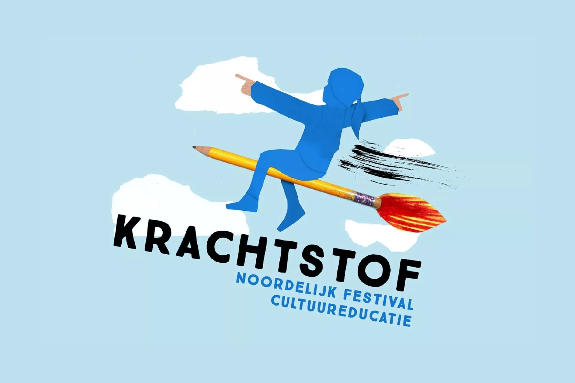 Silhouet van een kind dat op een penseel over wolken zweeft met de tekst "Krachtstof Noordelijk Festival Cultuureducatie".