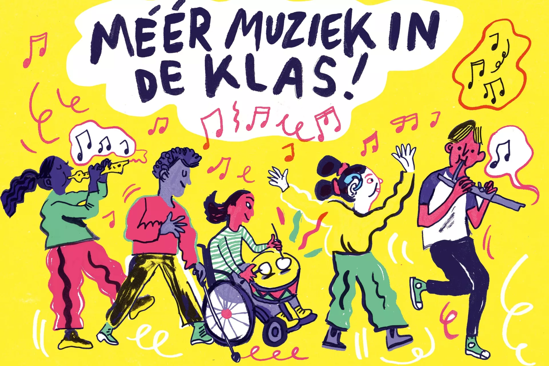 Illustratie van kinderen die muziek maken onder de tekst "Méér Muziek in de Klas!"