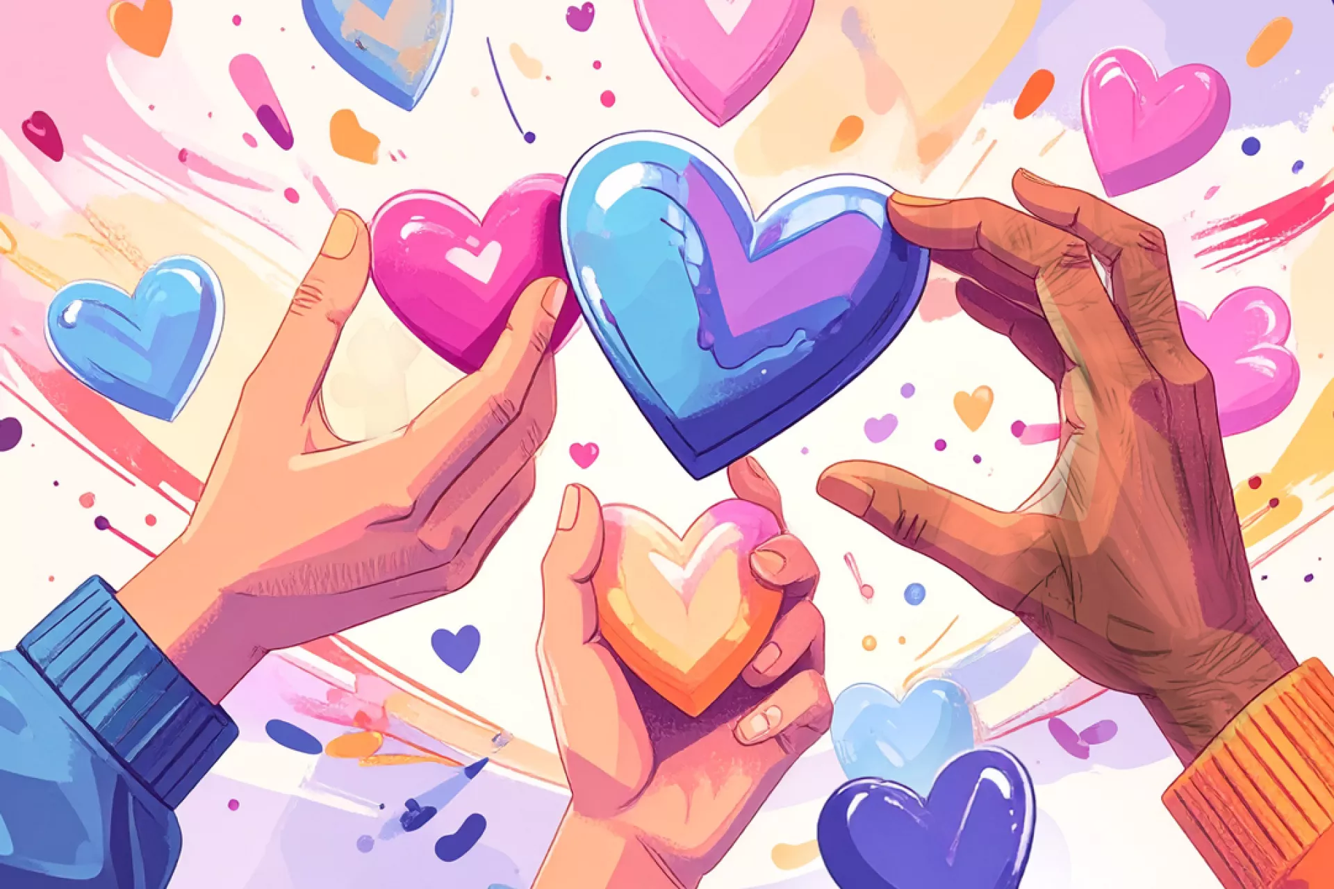 Illustratie van handen die kleurrijke harten vasthouden tegen een vrolijke achtergrond.