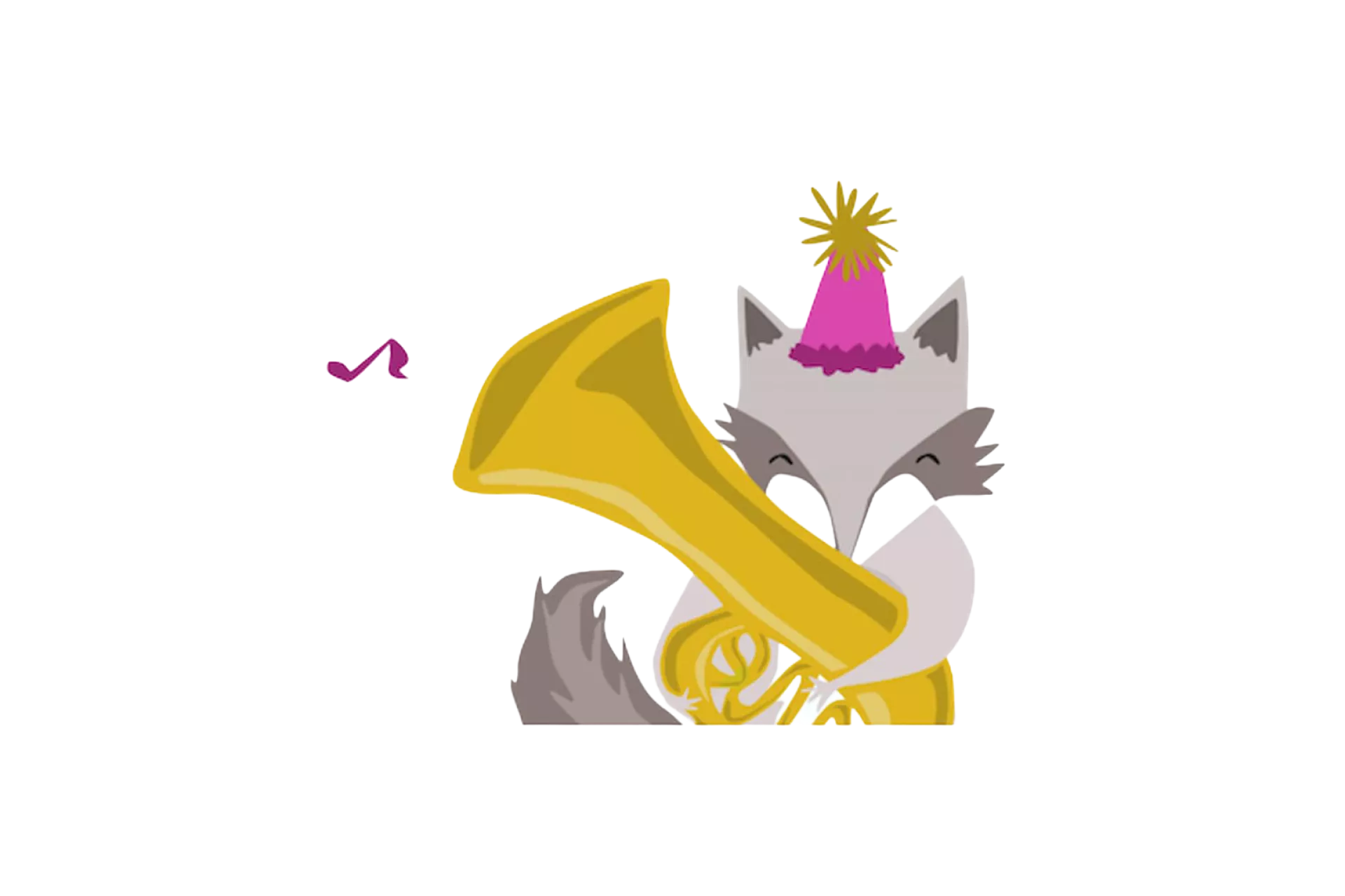 Een wolf met een feesthoedje bespeelt een gele hoorn.